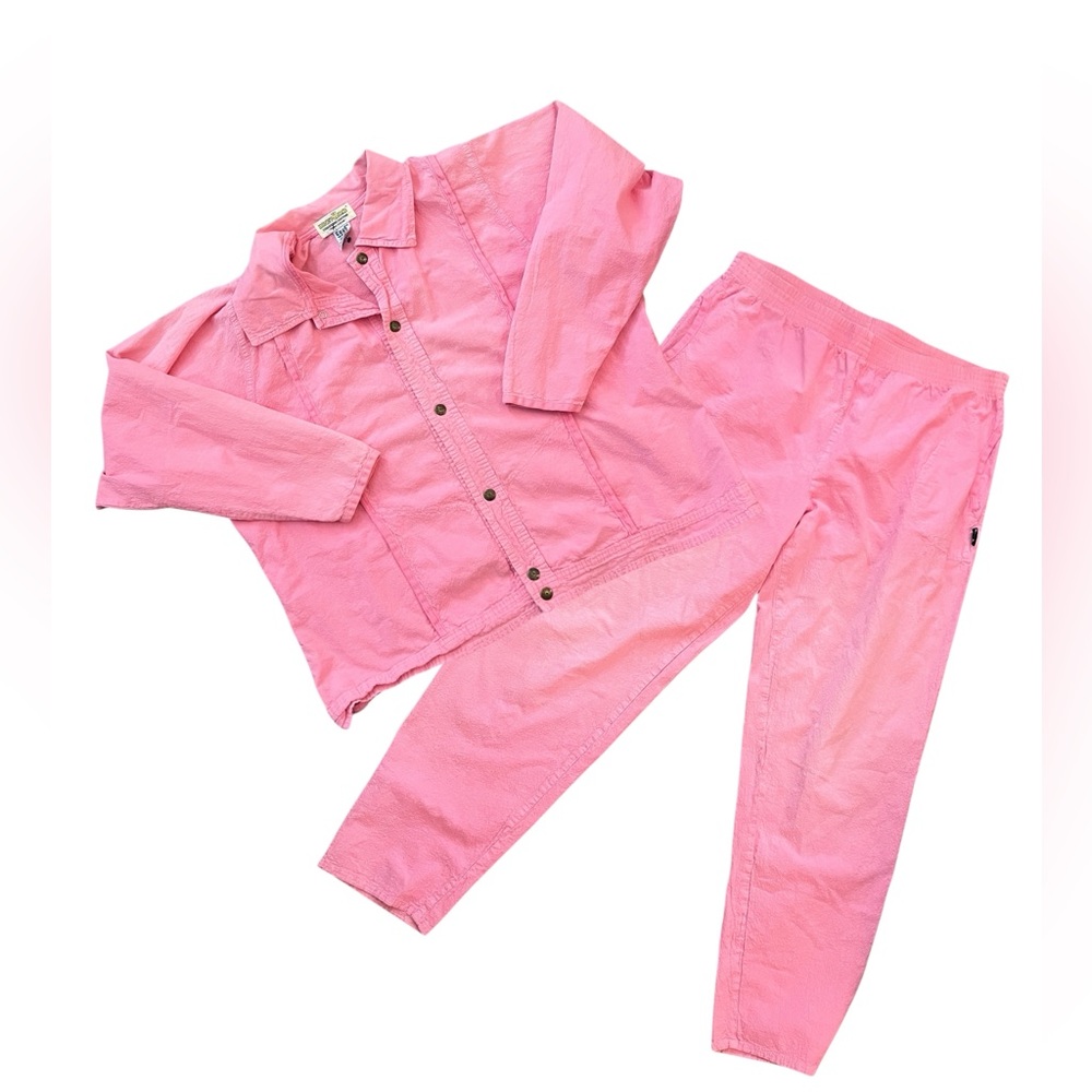 Vtg 90s Y2K Ezze Wear Honey-Komb Set Button Front Top & Pull On Pants Pink L